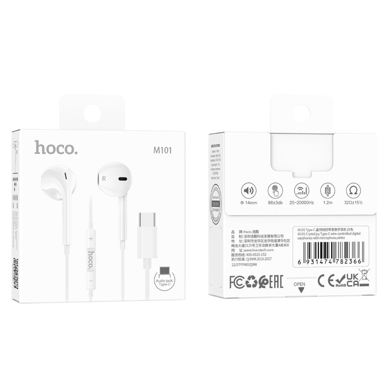 Hoco M101 Crystal Joy Type-C Wired Earphones White