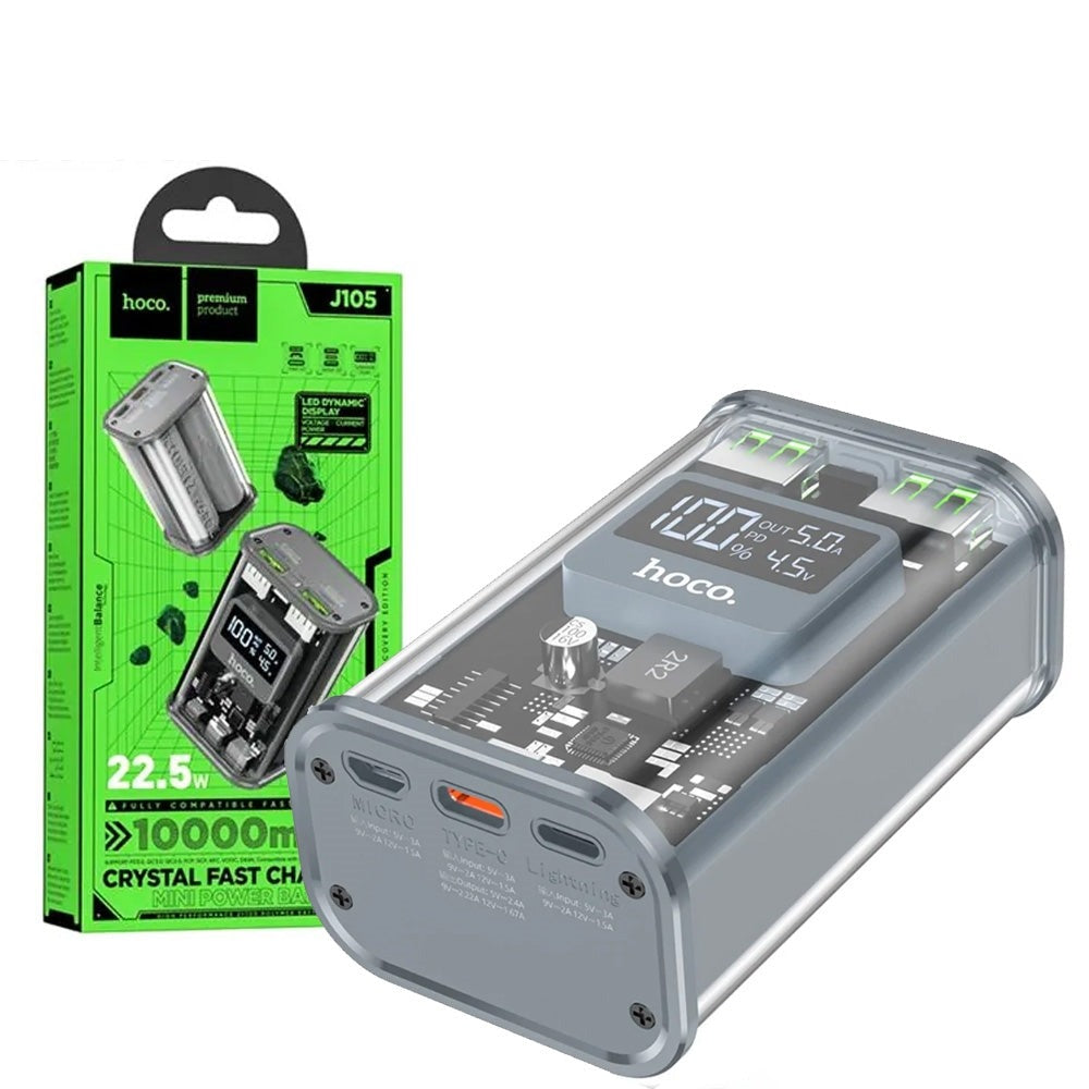 HOCO J105 Discovery Edition Transparent Dual USB+ Type-C PowerBank 22.5W 10000 mAh Gray