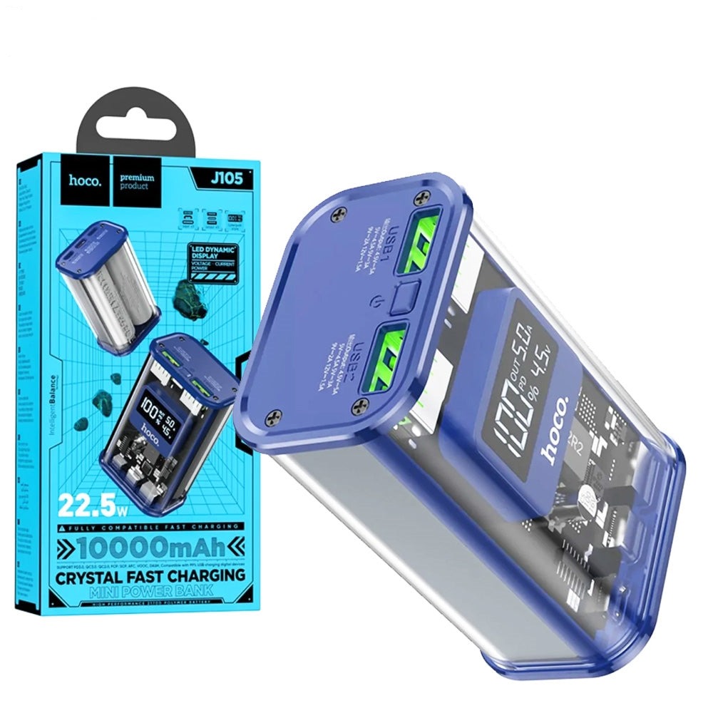 HOCO J105 Discovery Edition Transparent Dual USB+ Type-C PowerBank 22.5W 10000 mAh Blue