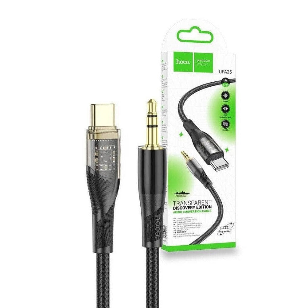 Hoco UPA25 Silicone Braid Transparent 3.5mm to Type-C Male Audio Conversion Cable Black-www.firsthelptech.ie