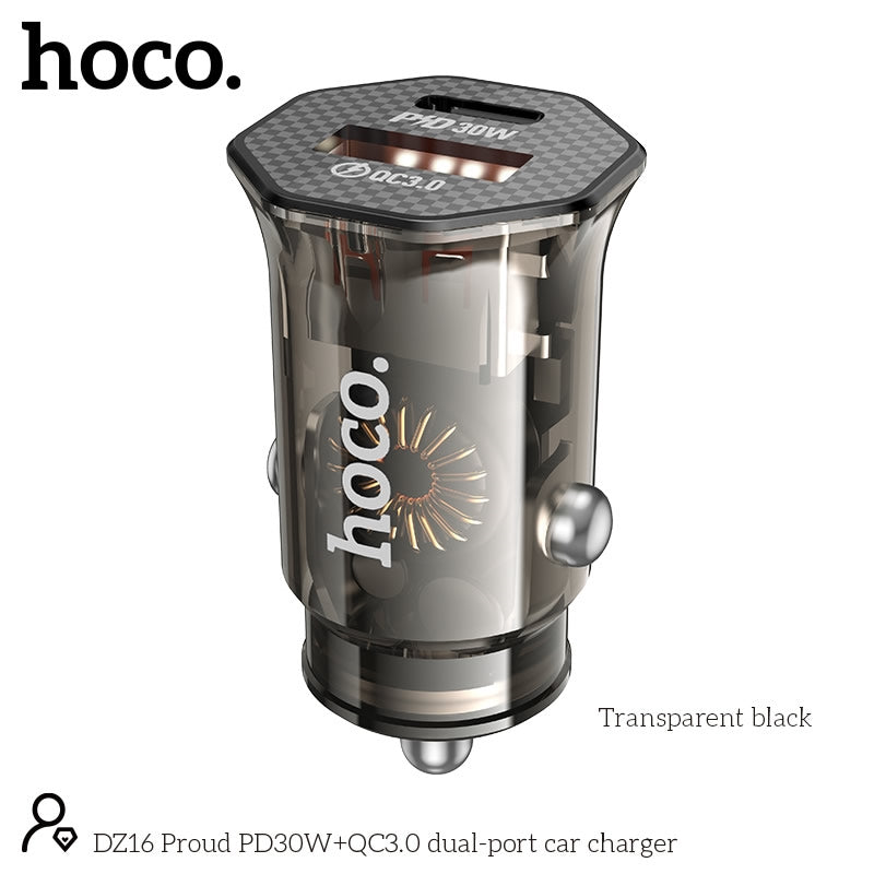 Hoco DZ16 Apex Dual-Port (Type-C+USB) PD30W+QC3.0 Car Charger Transparent Black