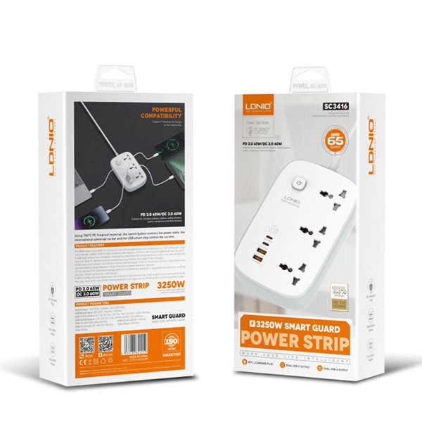LDNIO SC3416 Multy Function UK Power Strip with 3 AC Sockets + 2 USB+ PD+QC 3250W