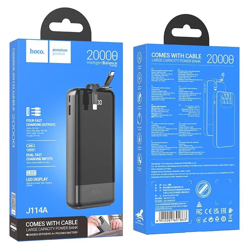 Hoco J114A Ultra Slim Built In Cable PowerBank 20000 mAh Black