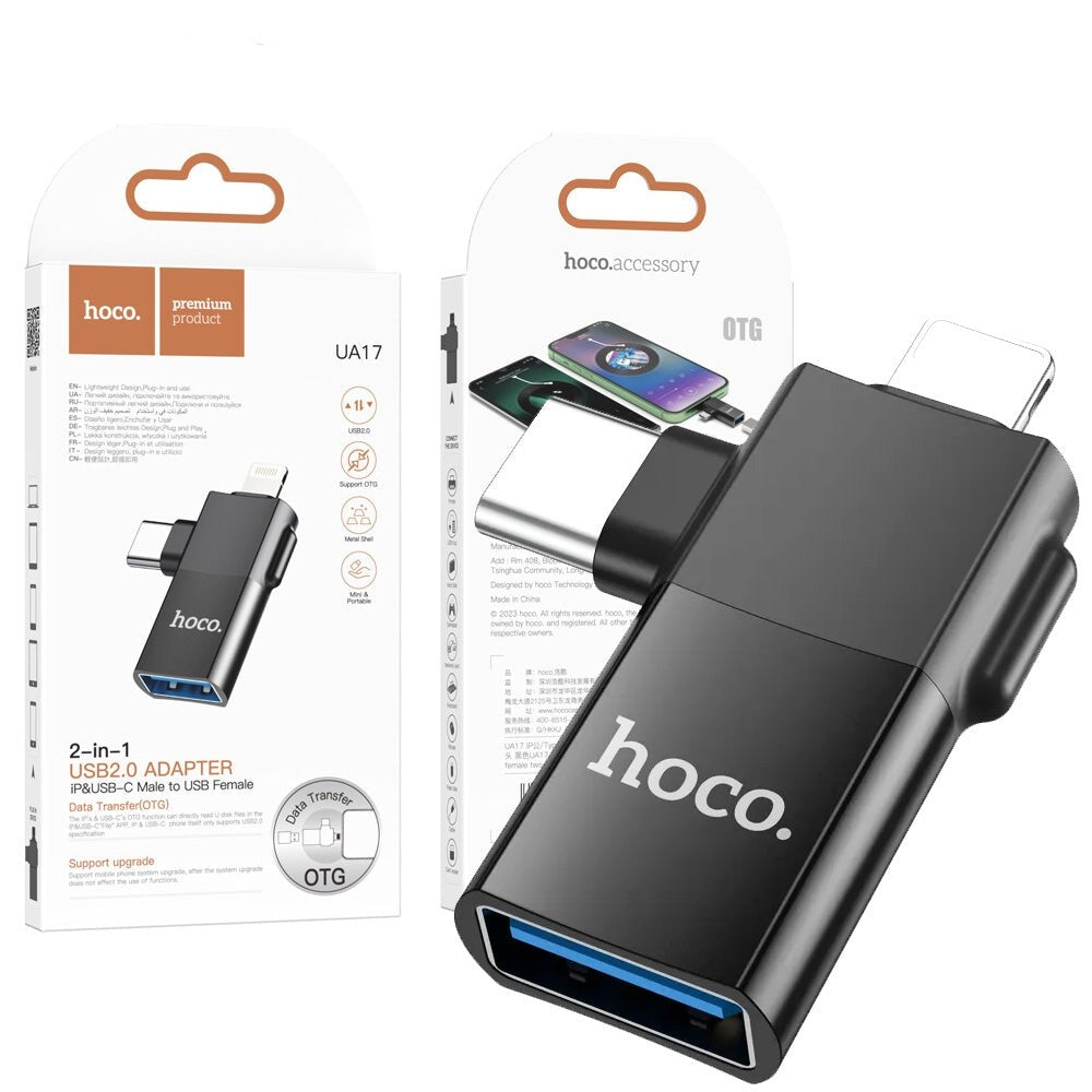 Hoco UA17 iP male/Type-C Male to USB Female 2-in-1 Adapter Black