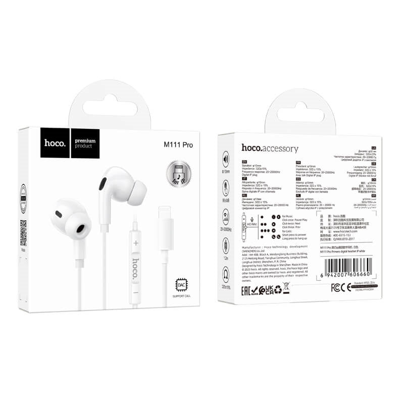 Hoco M111 Pro Primero DCA Support Lighting Wired iPhone Earphones White