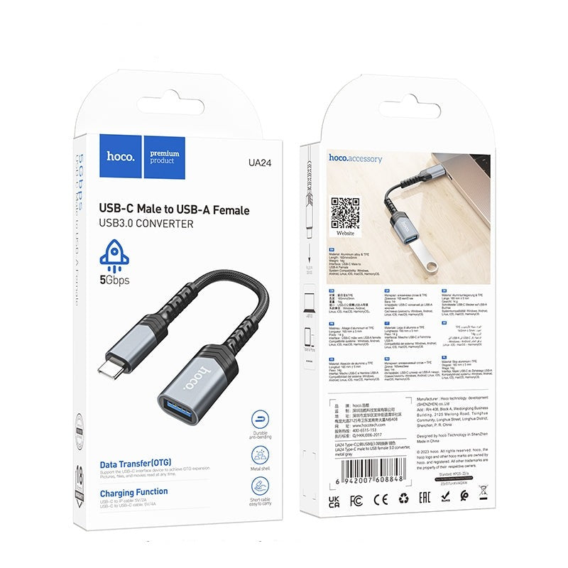 Hoco UA24 Braided Type-C Male to USB Female 3.0 Converter Metal Grey