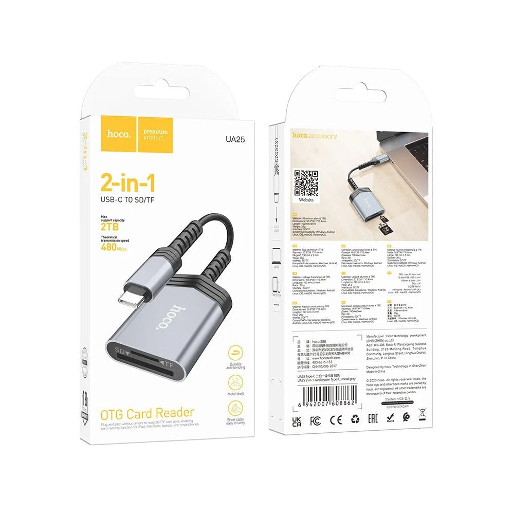 Hoco UA25 2-in-1 Type-C Card Reader Metal Grey