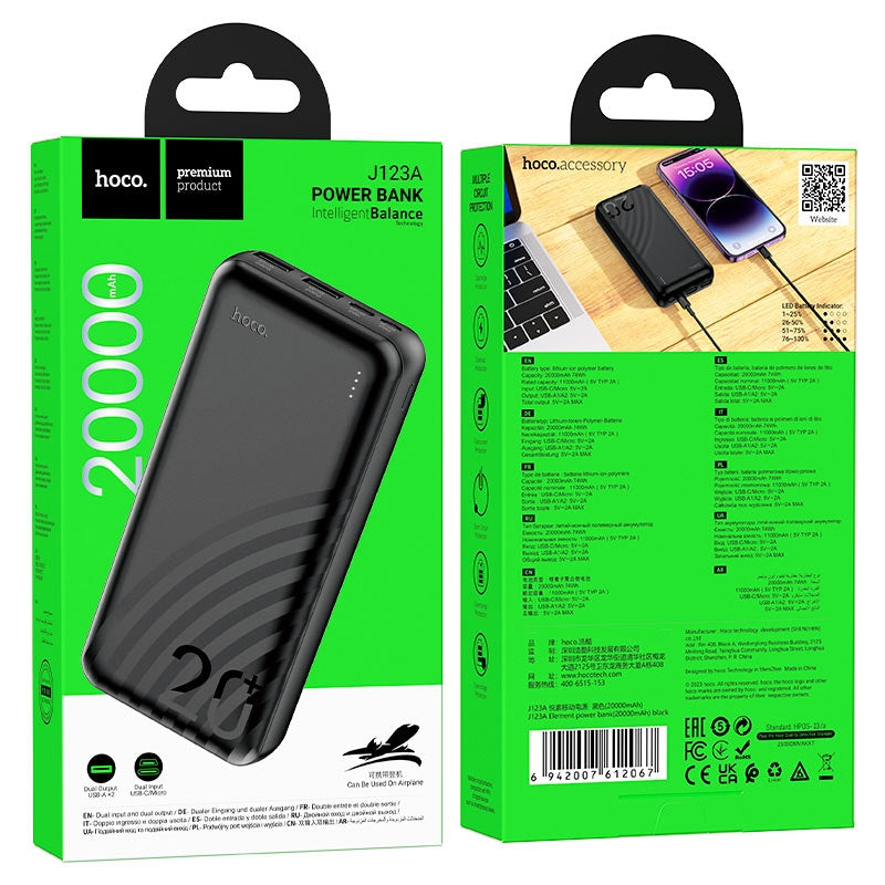 Hoco J123A Element Dual USB Power Bank 20000mAh Black