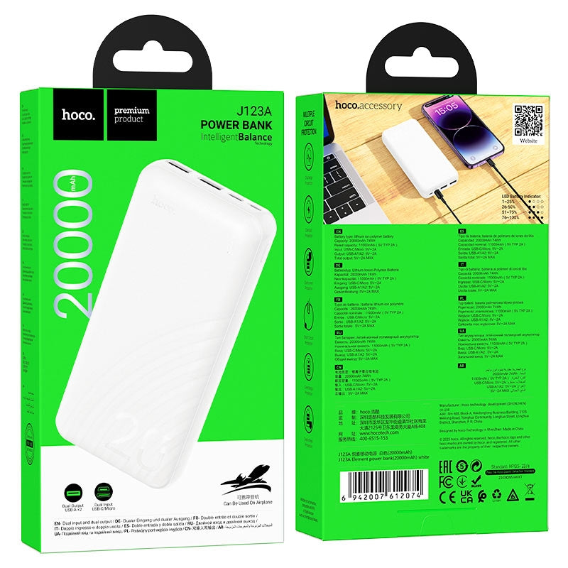 Hoco J123A Element Dual USB Power Bank 20000mAh White