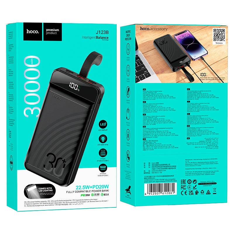 Hoco J123B 3 USB & Type-C Output PowerBank with Torch Light 22.5W+PD20W 30000mAh Black