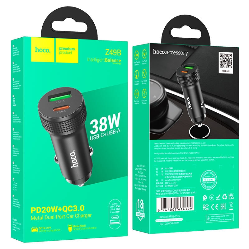 Hoco Z49B Level Dual Port Type-C & USB PD 38W Car Charger Black