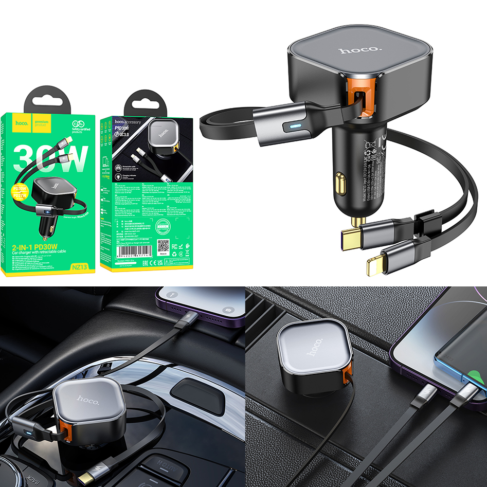 Hoco NZ13 2 in 1 PD30W Type-C + Lightning Car Charger With Retractable Cable Black-www.firsthelptech.ie