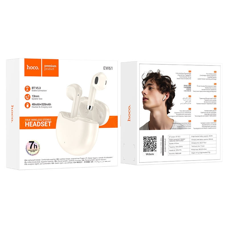 Hoco EW61 Cool True Wireless BT Headset White-www.firsthelptech.ie