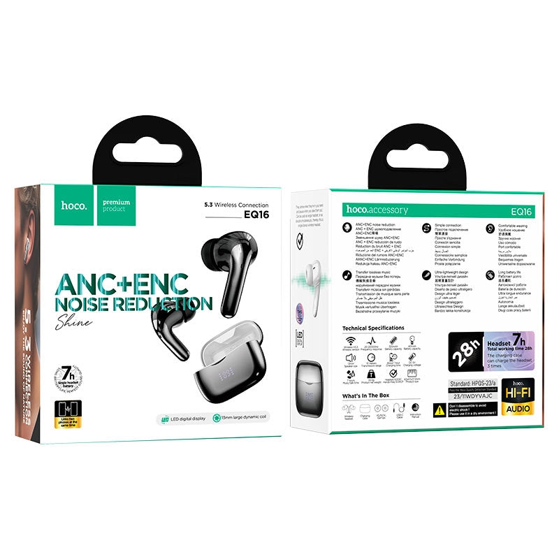 Hoco EQ16 Shine True Wireless ANC+ENC Noise Reduction BT Headset Glaze Black-www.firsthelptech.ie