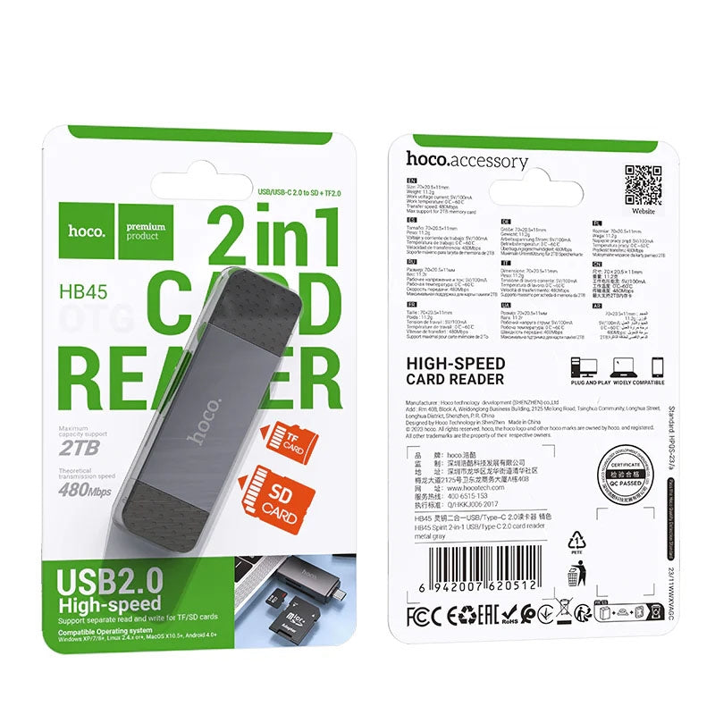 Hoco HB45 USB/Type-C 2.0 High-Speed Card Reader Metal Gray