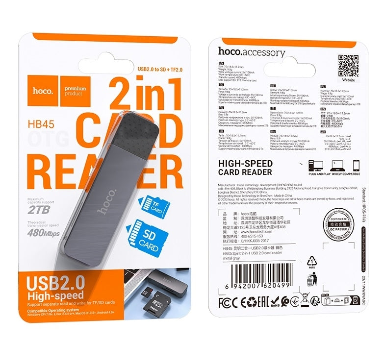Hoco HB45 USB/Type-C 2.0 High-Speed Card Reader Metal Gray