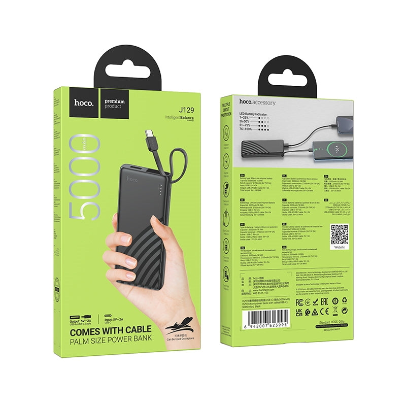 Hoco J129 Small Built-in Type-C Power Bank USB-C 5000mAh Black