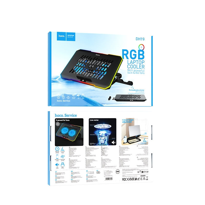 Hoco DH19 Adjustable RGB Laptop Cooler Fan With Phone Stand Black