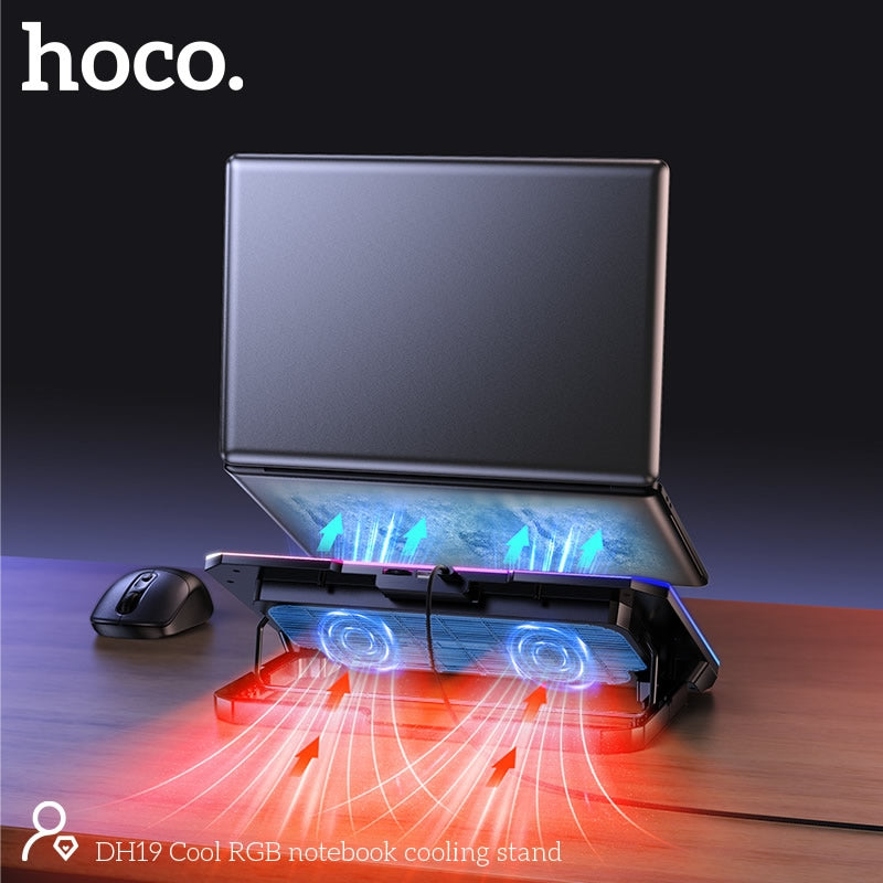 Hoco DH19 Adjustable RGB Laptop Cooler Fan With Phone Stand Black