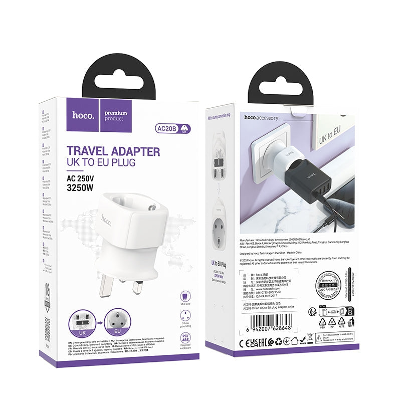 Hoco AC20B Direct UK To EU Travel Adapter 3250W White