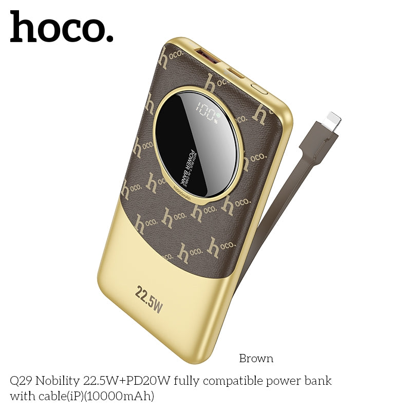 Hoco Q29 Leather Texture 22.5W+PD20W Fully Compatible PowerBank with Lightning Cable 10000mAh Brown