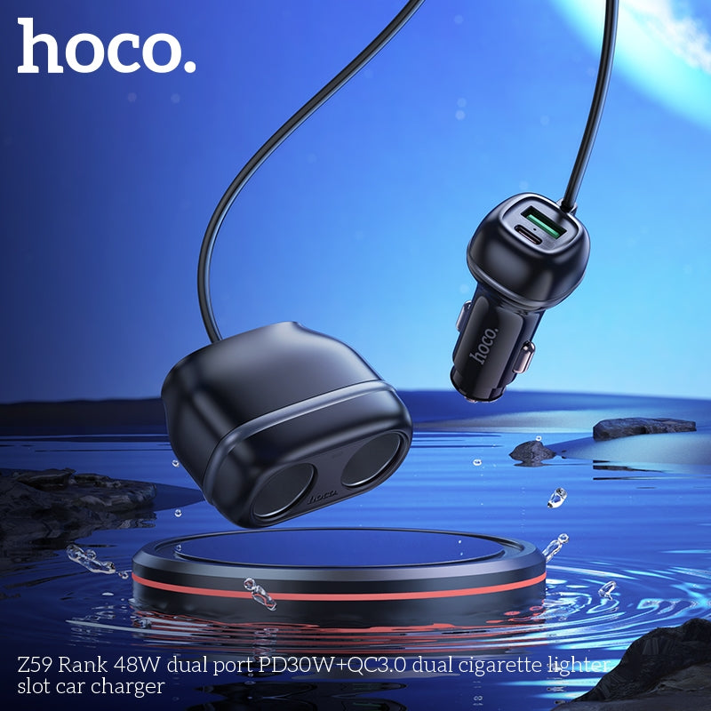 Hoco Z59 Rank 48W Dual Port PD30W+QC3.0 Dual Cigarette Lighter Slot Car Charger Black