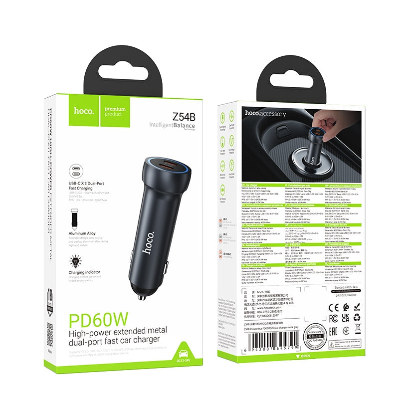 Hoco Z54B Prosperous PD60W 2 Type-C Car Charger Metal Gray
