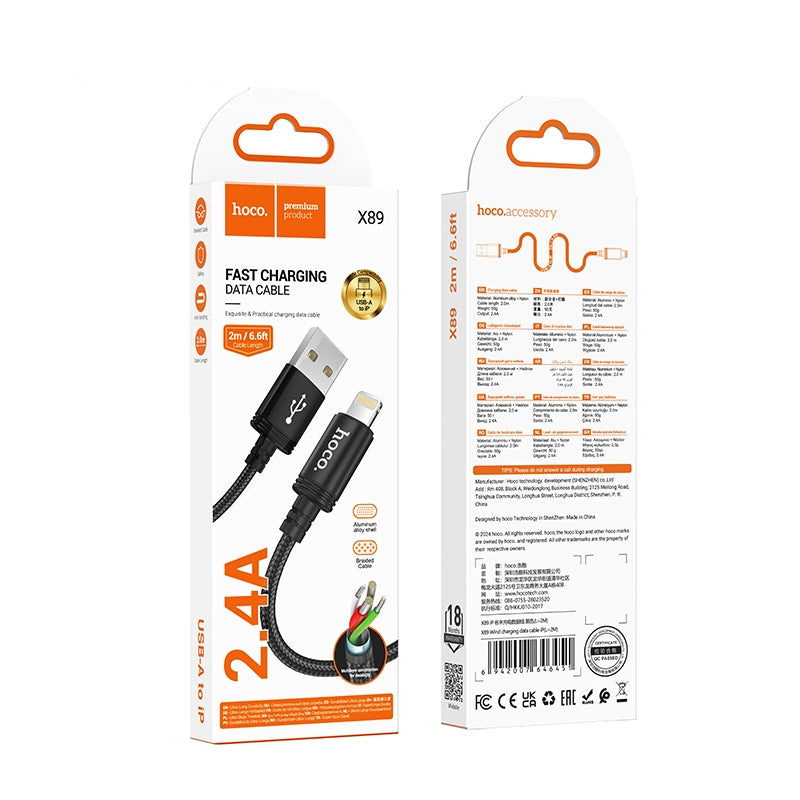 Hoco X89 Lightning 2.4A Braided Charging Cable 2M Black