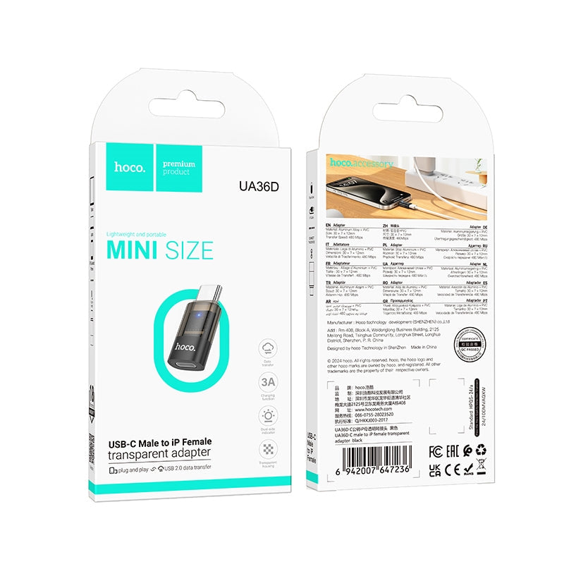 Hoco UA36D Type-C Male To iP Female Transparent Adapter Black
