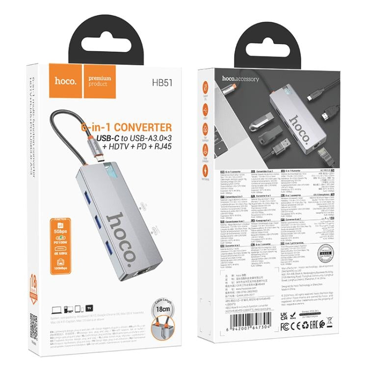 Hoco HB51 6-in-1 Multi-Function Converter HDTV+RJ45+PD+USB3.0*3 Space Gray