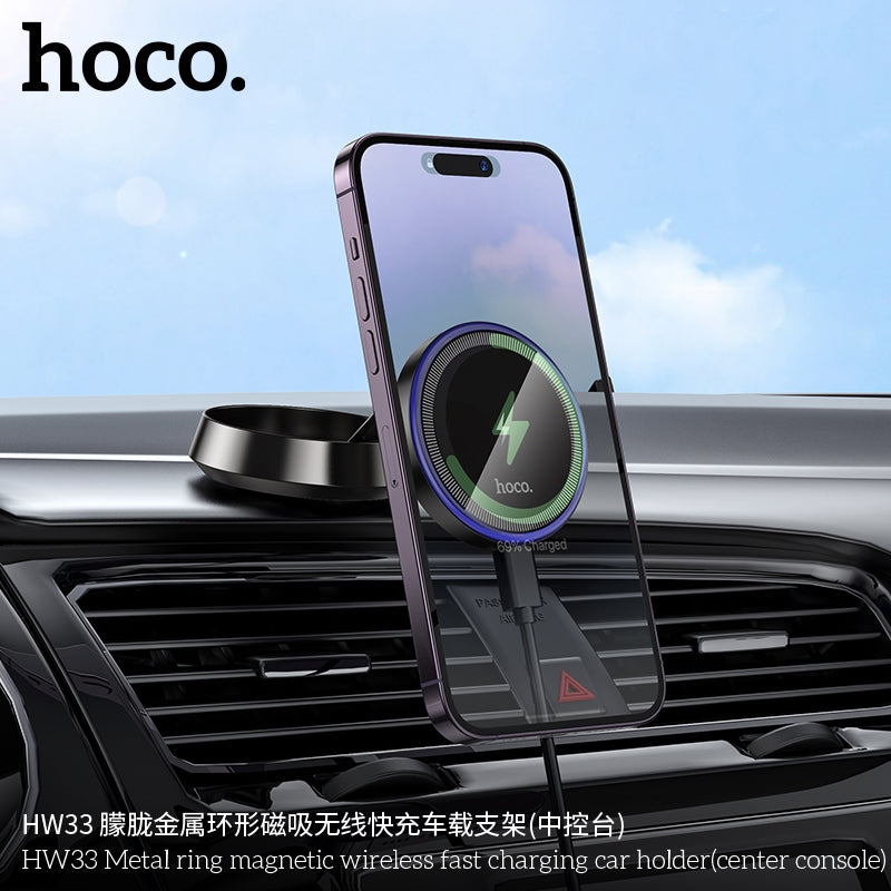 Hoco HW33 Metal Dash & Glass Ring Magnetic Wireless Fast Charging Car Holder Grey