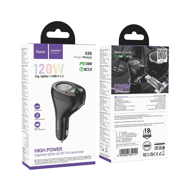 Hoco E88 35W 2 Type-C Cigarette Lighter Port Car BT FM Transmitter Black