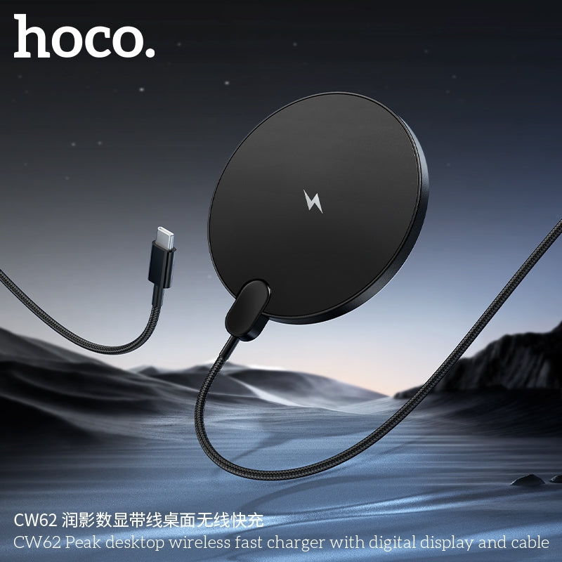 Hoco CW62 Peak Desktop Type-C Wireless Fast Charger With Digital Display Black