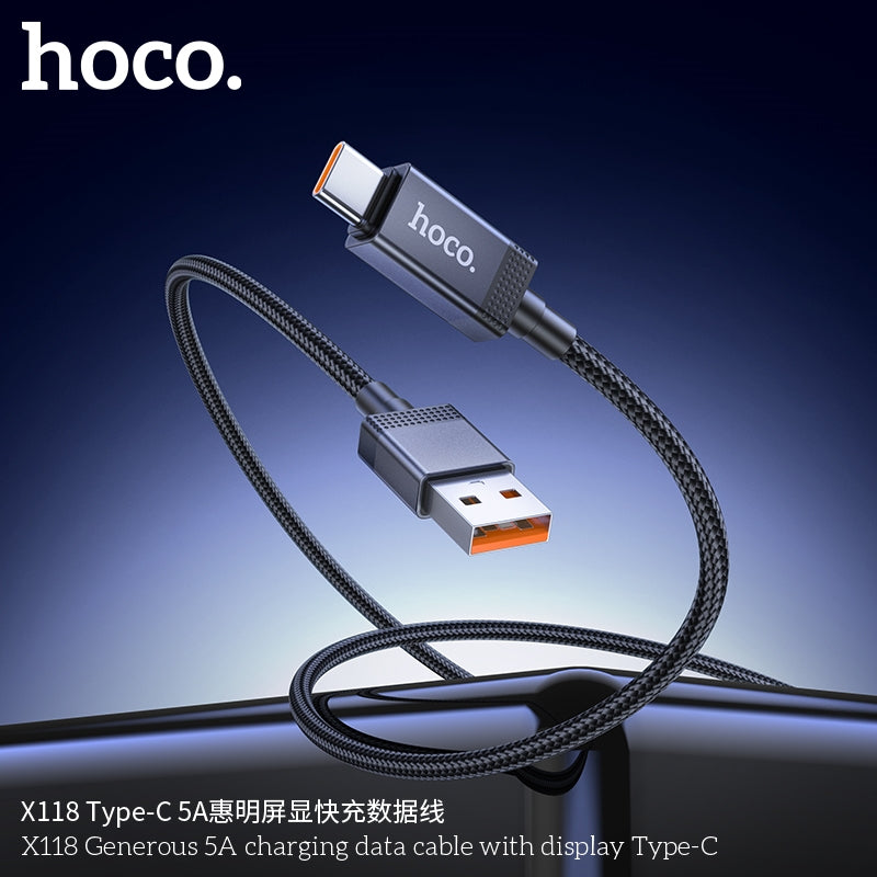 Hoco X118 Generous Charging Cable with Display 5A Type-C Black