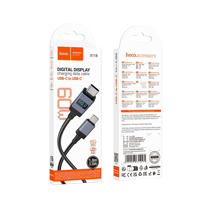Hoco X118 Generous 60W Charging Cable With Display Type-C To C Black