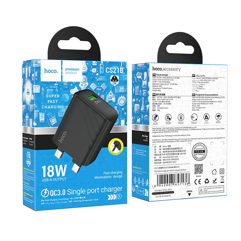 Hoco CS21B Rich Single Port 18W USB QC3.0 Charger Black