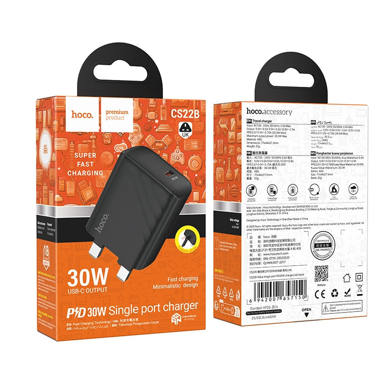 Hoco CS22B Value Single Port Type-C PD30W Charger Black