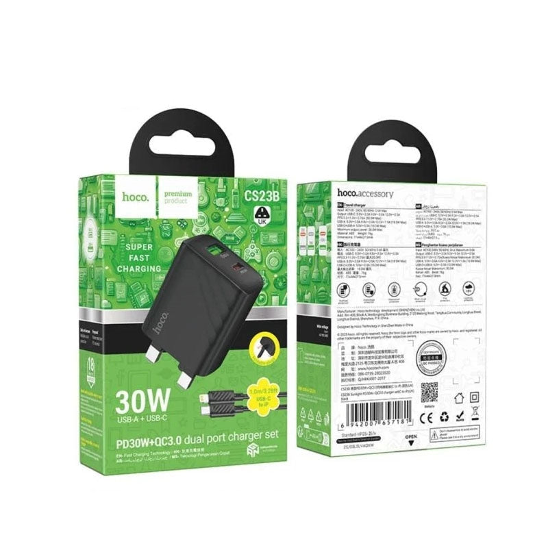 Hoco CS23B Sunlight PD & QC3.0 Charger Set C - iP 30W Black