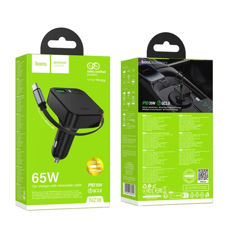 Hoco NZ18 Guardian PD65W 2C1A Car Charger With Retractable Cable Black