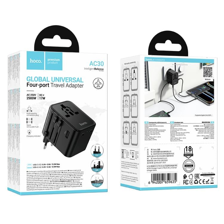 Hoco AC30 4-Port 17W 2 Type-C + 2 USB + Universal AC Travel Charger Black