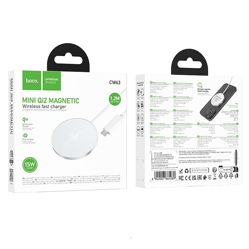 Hoco CW63 Fast Qi2 Braided Magnetic Wireless Fast Charger 15W White