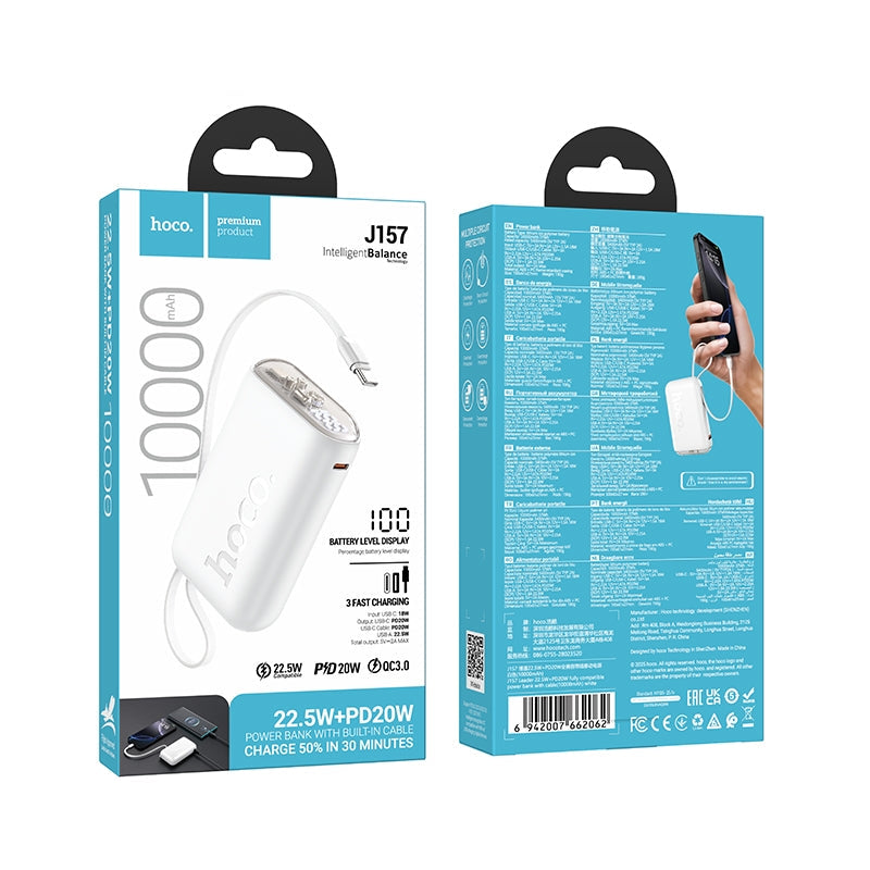 Hoco J157 Leader 22.5W+PD20W Power Bank With Type-C Cable 10000mAh White