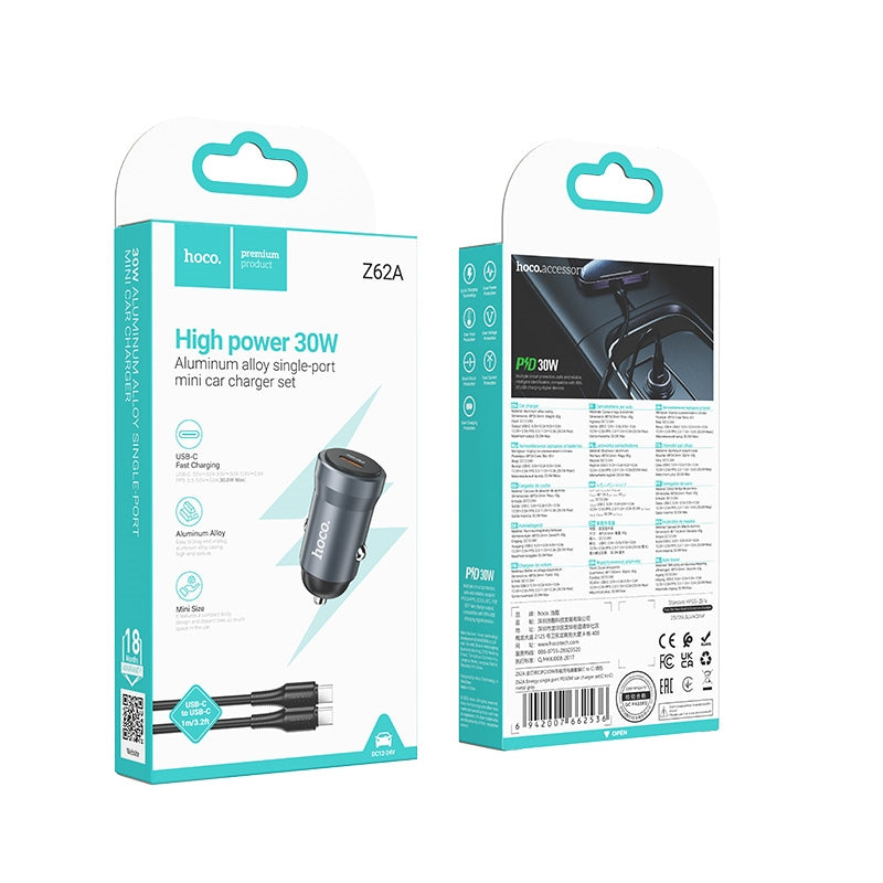 Hoco Z62A Energy Single Port PD30W Car Charger Set C To C Metal Gray