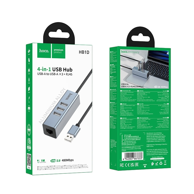 Hoco HB1D 4-In-1 Converter USB To USB2.0 - 3 / RJ45 Metal Grey