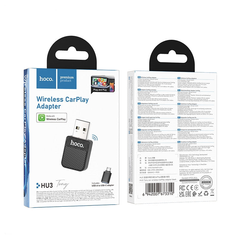Hoco HU3 Tony Car Wireless Car Play Adaptor With Type-C Adaptor Black