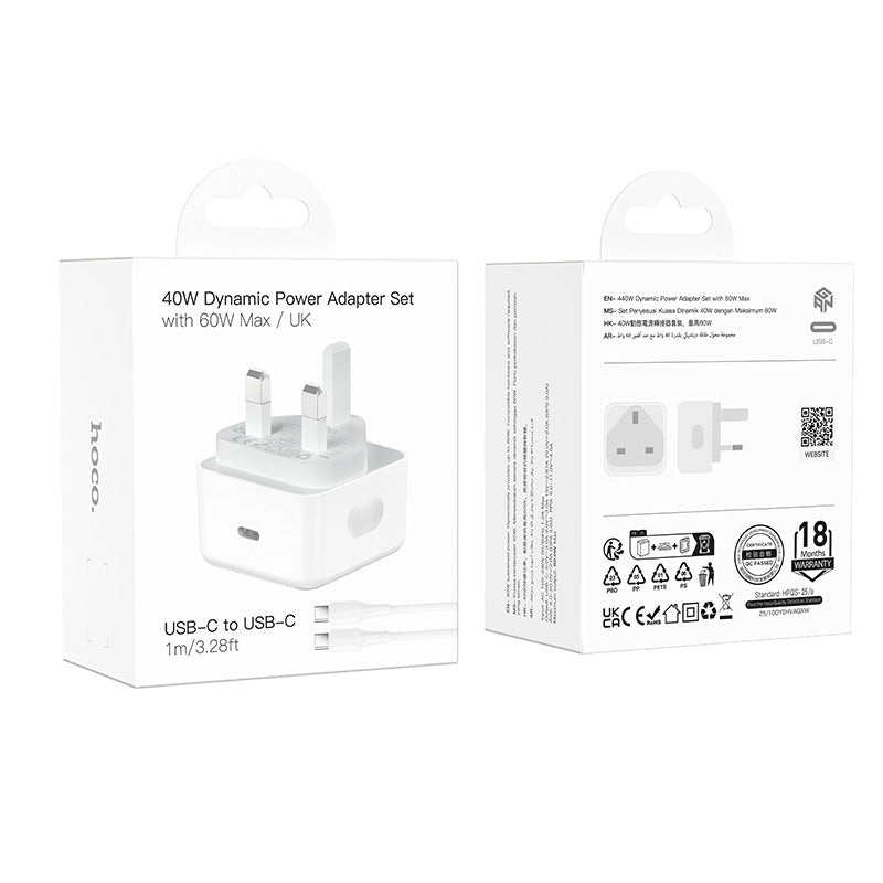 Hoco C161B Dynamic Speed Single Port PD 40W Charger Set C-C UK