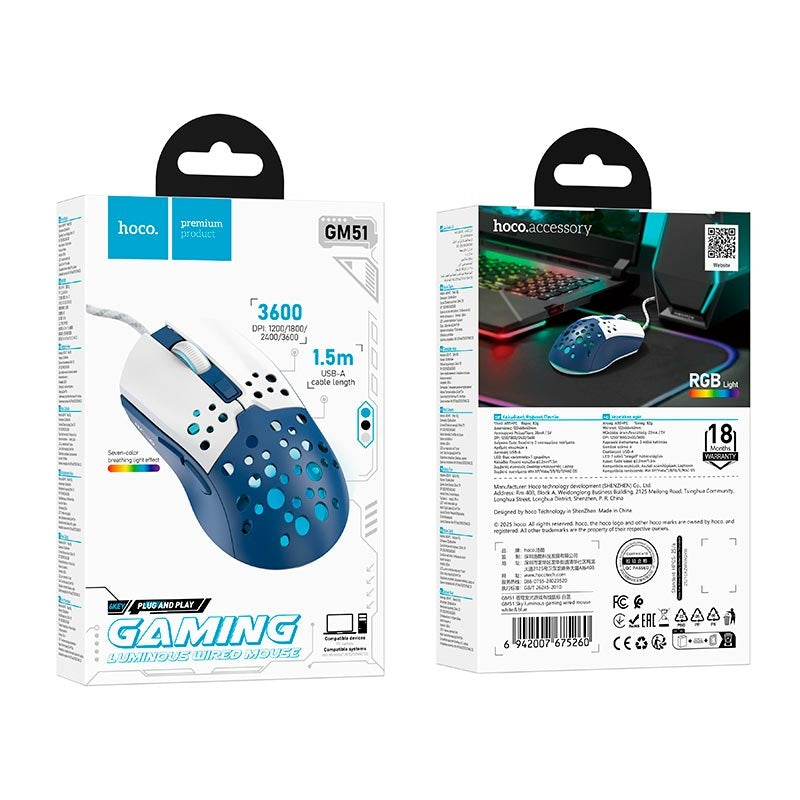 Hoco GM51 Sky Luminous Gaming Wired Mouse White & Blue