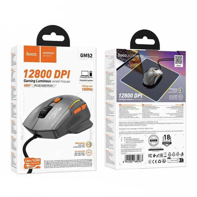 Hoco GM52 Reddy RGB 12800 DPI Gaming Wired Mouse Black & Gray