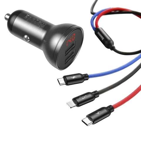 Baseus TZCCBX-0G Digital Display Dual USB 3 in 1 Car Charger Set Black