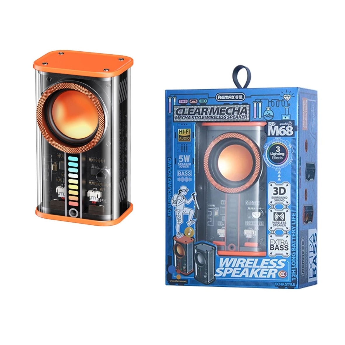 REMAX RB-M68 5W Clear Mecha Mini Wireless Speaker Orange-www.firsthelptech.ie